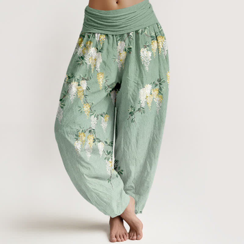 Buddha Stones Pantalon harem pour femme en pur coton blanc à motif floral jaune, taille élastique - Vert clair - US16，UK/AU20，EU48 (3XL) - image 0