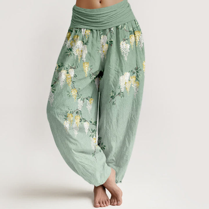 Buddha Stones Pantalon harem pour femme en pur coton blanc à motif floral jaune, taille élastique - Vert clair - US16，UK/AU20，EU48 (3XL) - image 0