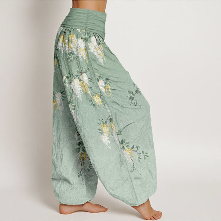 Buddha Stones Pantalon harem pour femme en pur coton blanc à motif floral jaune, taille élastique - image 2