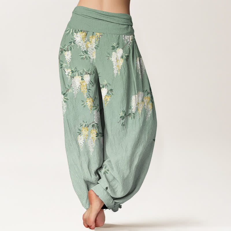 Buddha Stones Pantalon harem pour femme en pur coton blanc à motif floral jaune, taille élastique - image 1