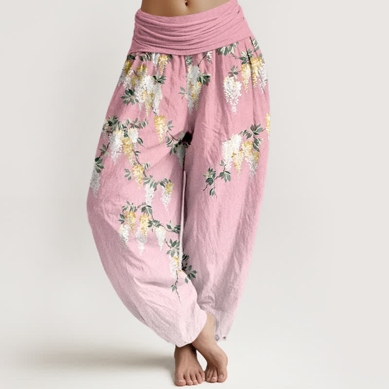 Buddha Stones Pantalon harem pour femme en pur coton blanc à motif floral jaune, taille élastique - Rose clair - US16，UK/AU20，EU48 (3XL) - image 5