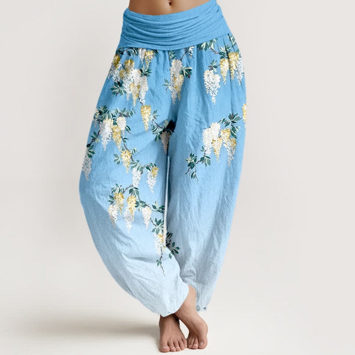 Buddha Stones Pantalon harem pour femme en pur coton blanc à motif floral jaune, taille élastique - Bleu clair - US16，UK/AU20，EU48 (3XL) - image 8