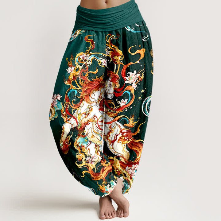 Buddha Stones Pantalon harem pour femme en pur coton à motif de flamme de phénix mythique et taille élastique - Vert forêt - US16，UK/AU20，EU48 (3XL) - image 0