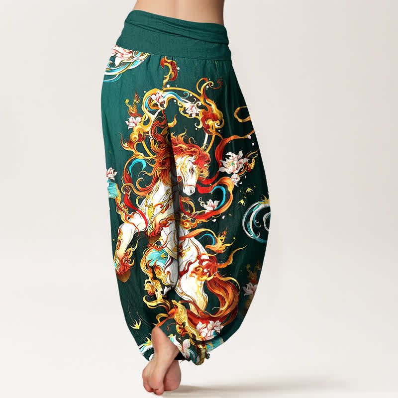 Buddha Stones Pantalon harem pour femme en pur coton à motif de flamme de phénix mythique et taille élastique - image 1