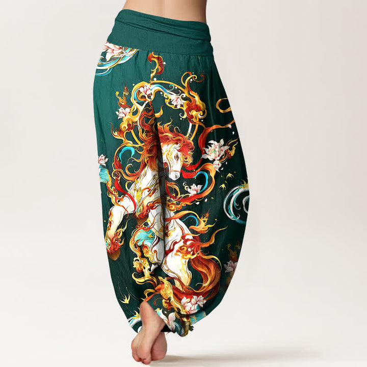Buddha Stones Pantalon harem pour femme en pur coton à motif de flamme de phénix mythique et taille élastique - image 1