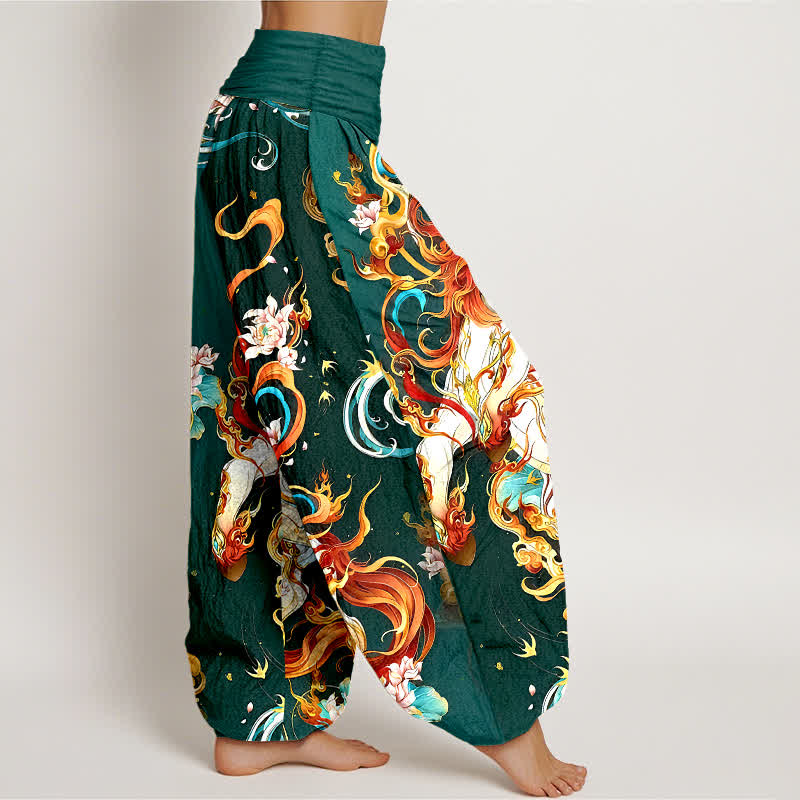 Buddha Stones Pantalon harem pour femme en pur coton à motif de flamme de phénix mythique et taille élastique - image 2