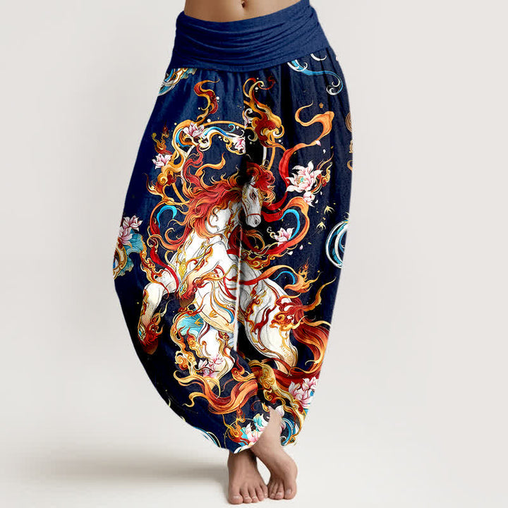 Buddha Stones Pantalon harem pour femme en pur coton à motif de flamme de phénix mythique et taille élastique - Marine - US16，UK/AU20，EU48 (3XL) - image 5
