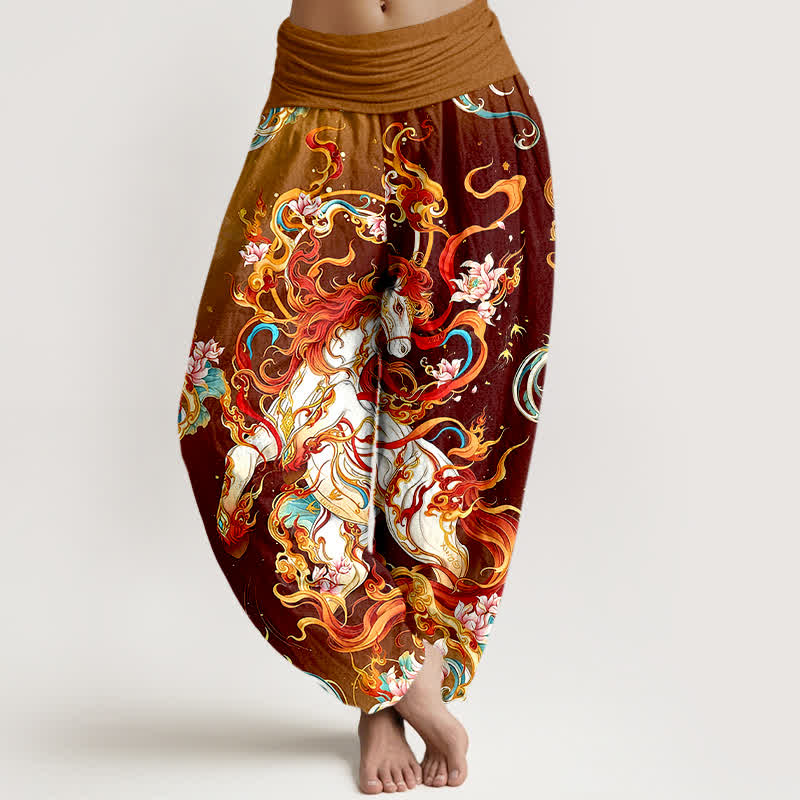 Buddha Stones Pantalon harem pour femme en pur coton à motif de flamme de phénix mythique et taille élastique - Bordeaux - US16，UK/AU20，EU48 (3XL) - image 8