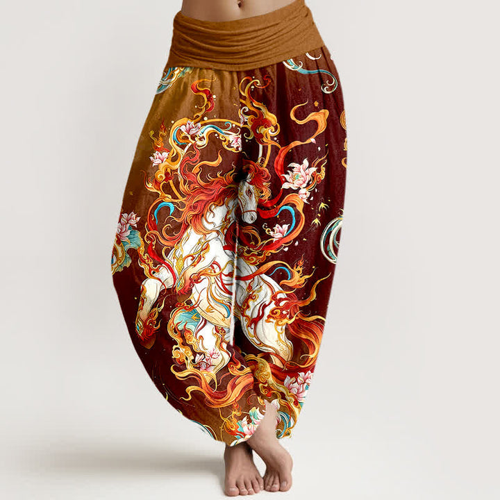 Buddha Stones Pantalon harem pour femme en pur coton à motif de flamme de phénix mythique et taille élastique - Bordeaux - US16，UK/AU20，EU48 (3XL) - image 8