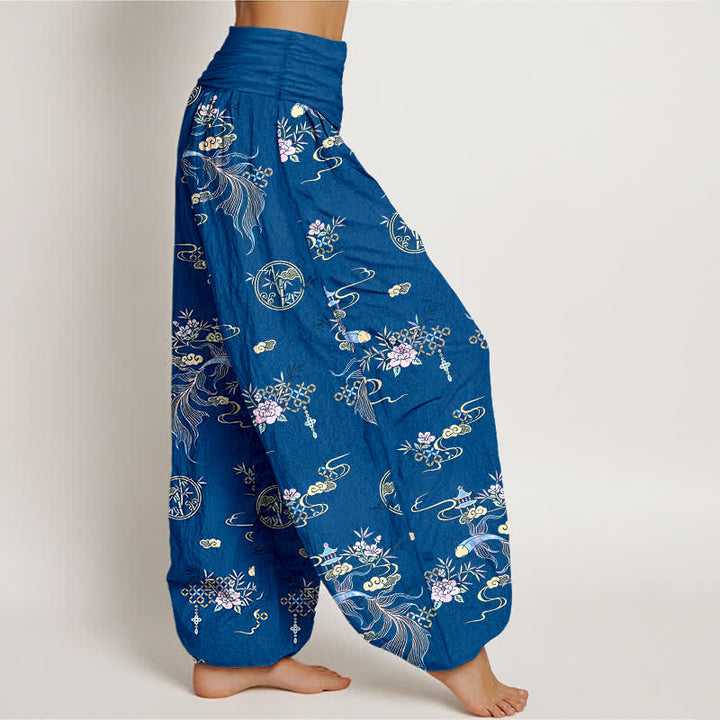 Buddha Stones Pantalon harem pour femme en pur coton, motif floral oriental nuageux, taille élastique - image 2