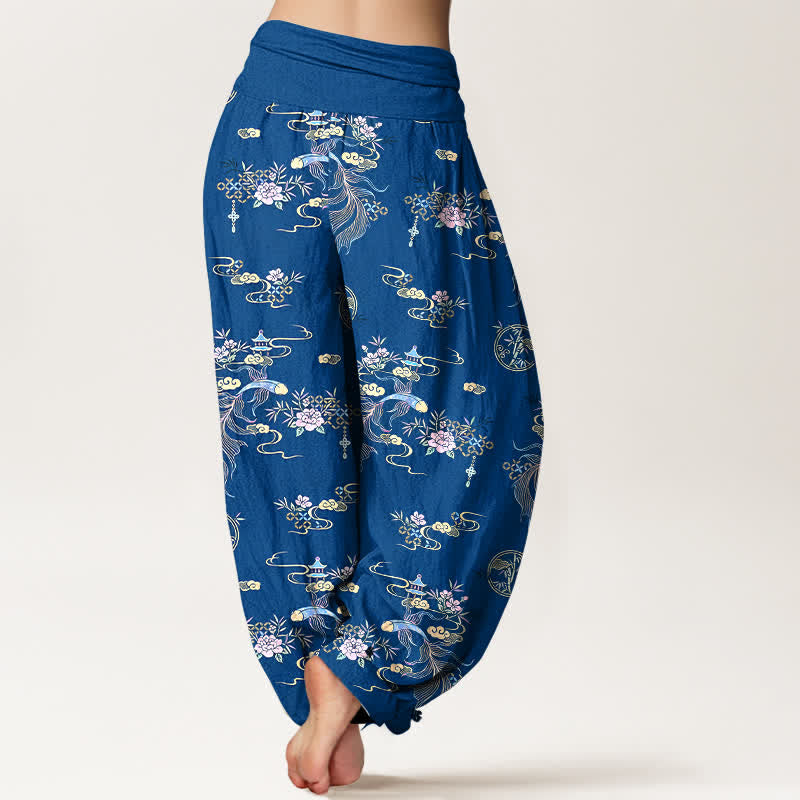Buddha Stones Pantalon harem pour femme en pur coton, motif floral oriental nuageux, taille élastique - image 1