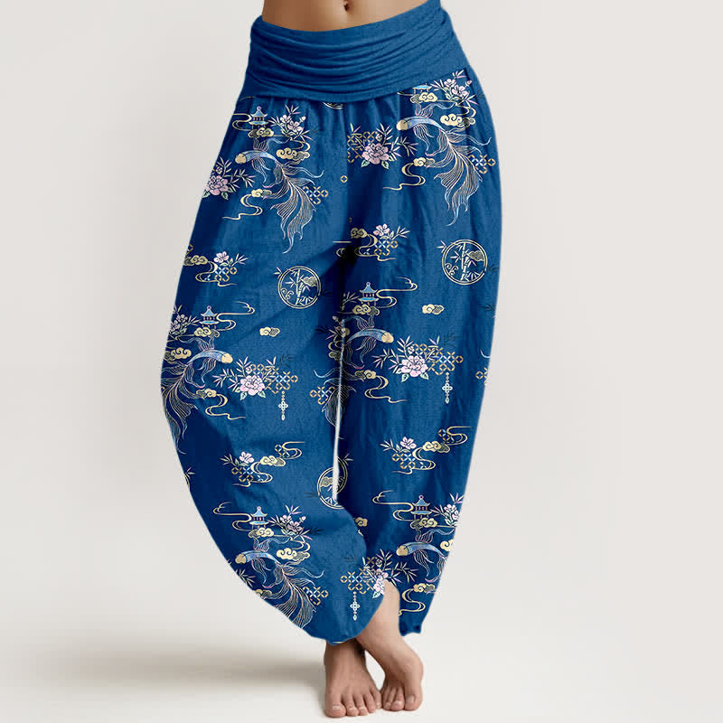 Buddha Stones Pantalon harem pour femme en pur coton, motif floral oriental nuageux, taille élastique - Bleu royal - US16，UK/AU20，EU48 (3XL) - image 0