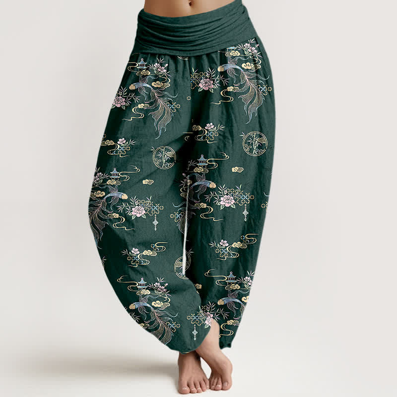 Buddha Stones Pantalon harem pour femme en pur coton, motif floral oriental nuageux, taille élastique - Vert foncé - US16，UK/AU20，EU48 (3XL) - image 5