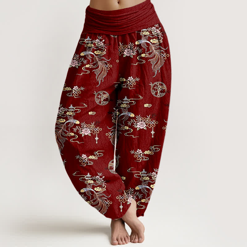 Buddha Stones Pantalon harem pour femme en pur coton, motif floral oriental nuageux, taille élastique - Bordeaux - US16，UK/AU20，EU48 (3XL) - image 8