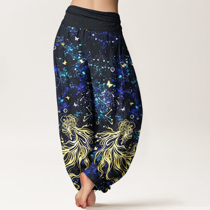 Buddha Stones Pantalon harem pour femme en pur coton à motif papillon galaxie céleste et taille élastique - image 1
