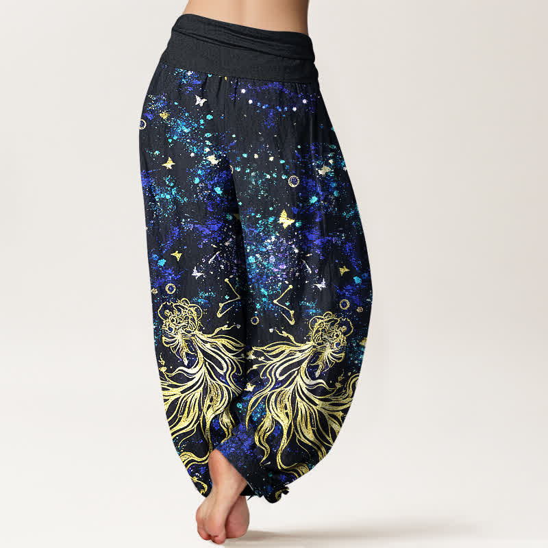 Buddha Stones Pantalon harem pour femme en pur coton à motif papillon galaxie céleste et taille élastique - image 1