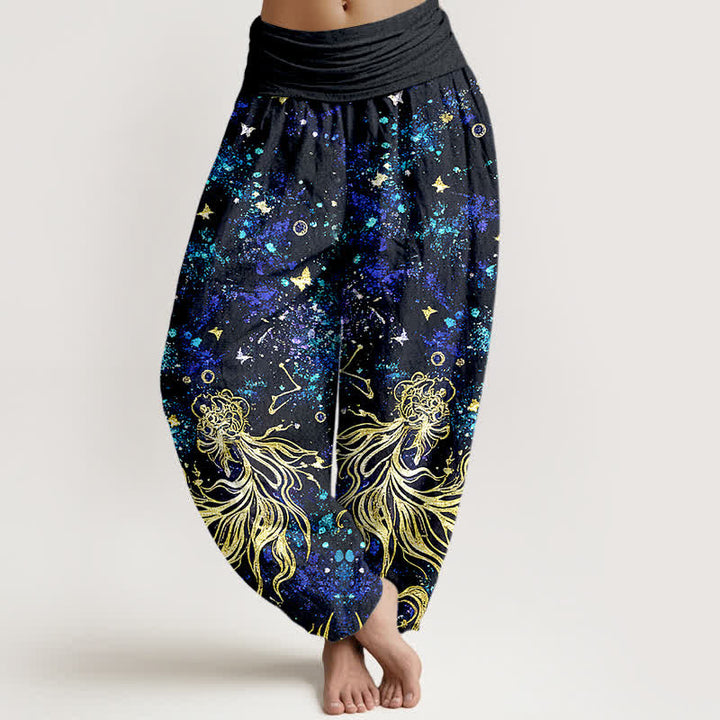 Buddha Stones Pantalon harem pour femme en pur coton à motif papillon galaxie céleste et taille élastique - Marine - US16，UK/AU20，EU48 (3XL) - image 0