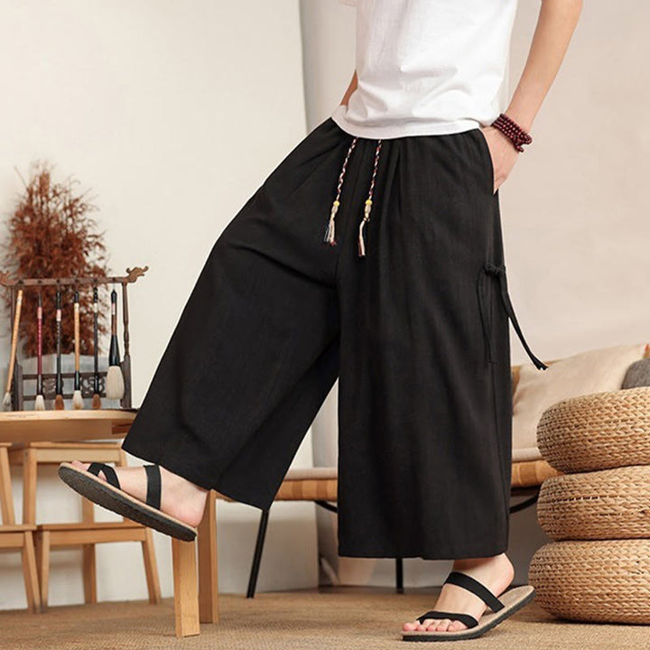 Buddha Stones Pantalon d'été uni pour homme, taille élastique, jambes larges et poches - image 12