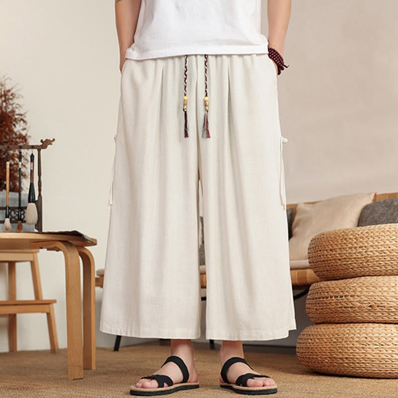 Buddha Stones Pantalon d'été uni pour homme, taille élastique, jambes larges et poches - image 5