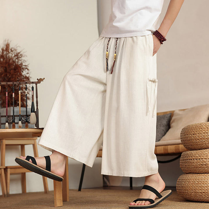 Buddha Stones Pantalon d'été uni pour homme, taille élastique, jambes larges et poches - image 3
