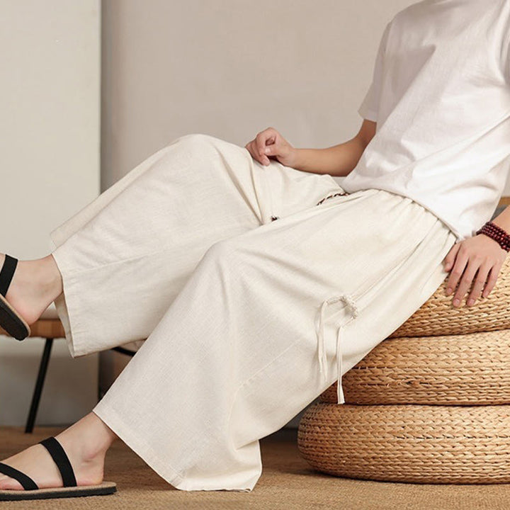 Buddha Stones Pantalon d'été uni pour homme, taille élastique, jambes larges et poches - image 8