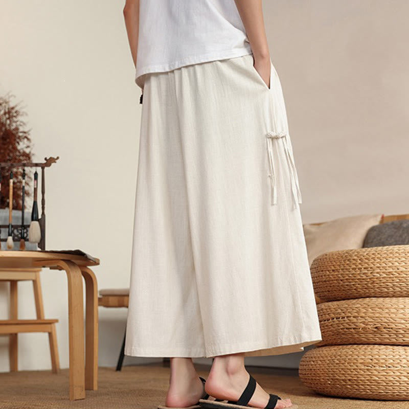Buddha Stones Pantalon d'été uni pour homme, taille élastique, jambes larges et poches - image 1