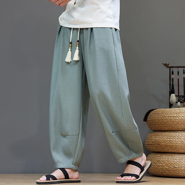Buddha Stones Pantalon sarouel d'été pour homme, à taille élastique et cordon de serrage, avec poches - image 1