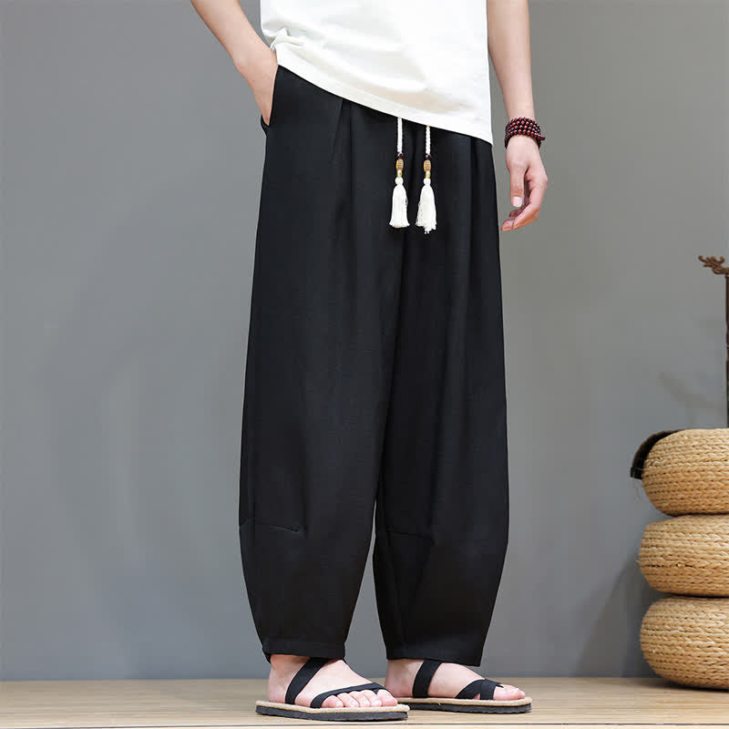 Buddha Stones Pantalon sarouel d'été pour homme, à taille élastique et cordon de serrage, avec poches - Noir - US/UK/AU46，EU56 (5XL) - image 23