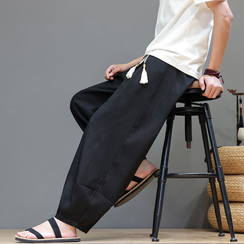 Buddha Stones Pantalon sarouel d'été pour homme, à taille élastique et cordon de serrage, avec poches - image 28