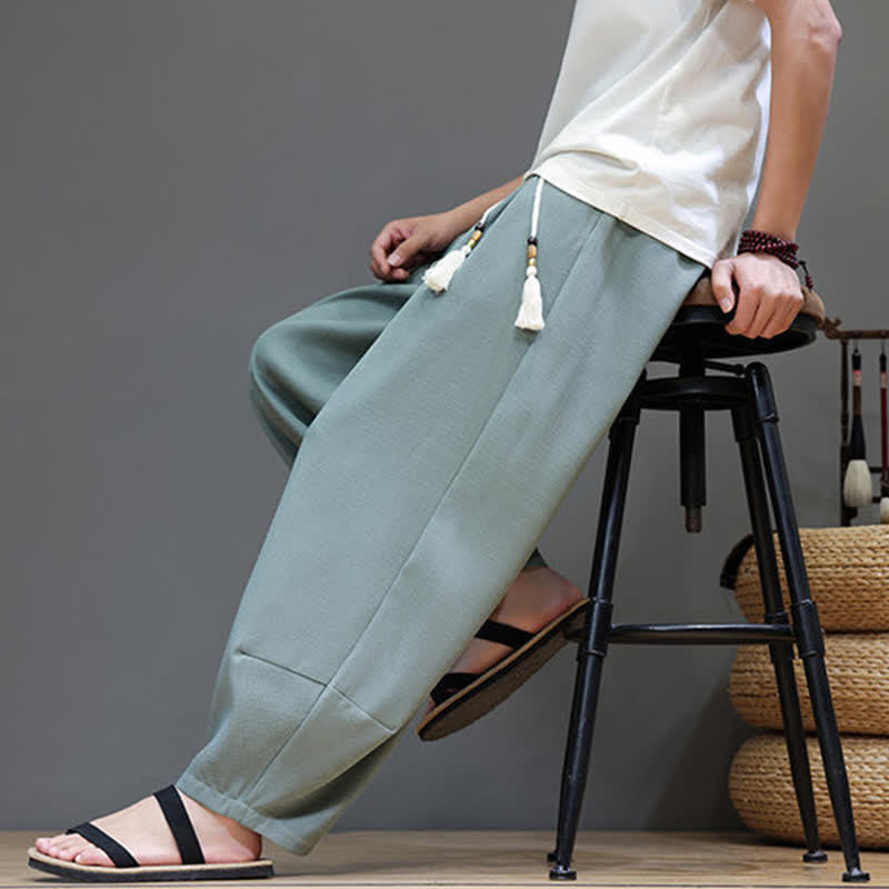 Buddha Stones Pantalon sarouel d'été pour homme, à taille élastique et cordon de serrage, avec poches - image 6
