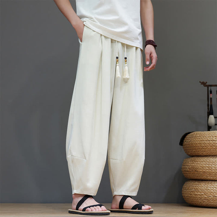 Buddha Stones Pantalon sarouel d'été pour homme, à taille élastique et cordon de serrage, avec poches - Ivoire - US/UK/AU46，EU56 (5XL) - image 10