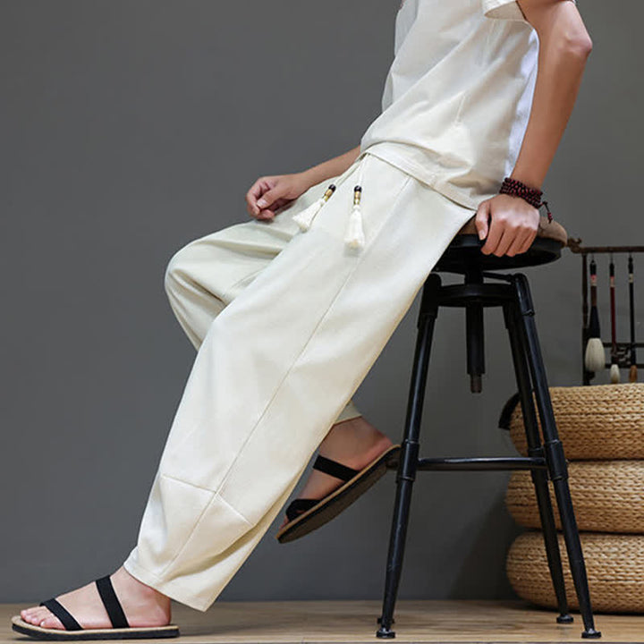 Buddha Stones Pantalon sarouel d'été pour homme, à taille élastique et cordon de serrage, avec poches - image 19