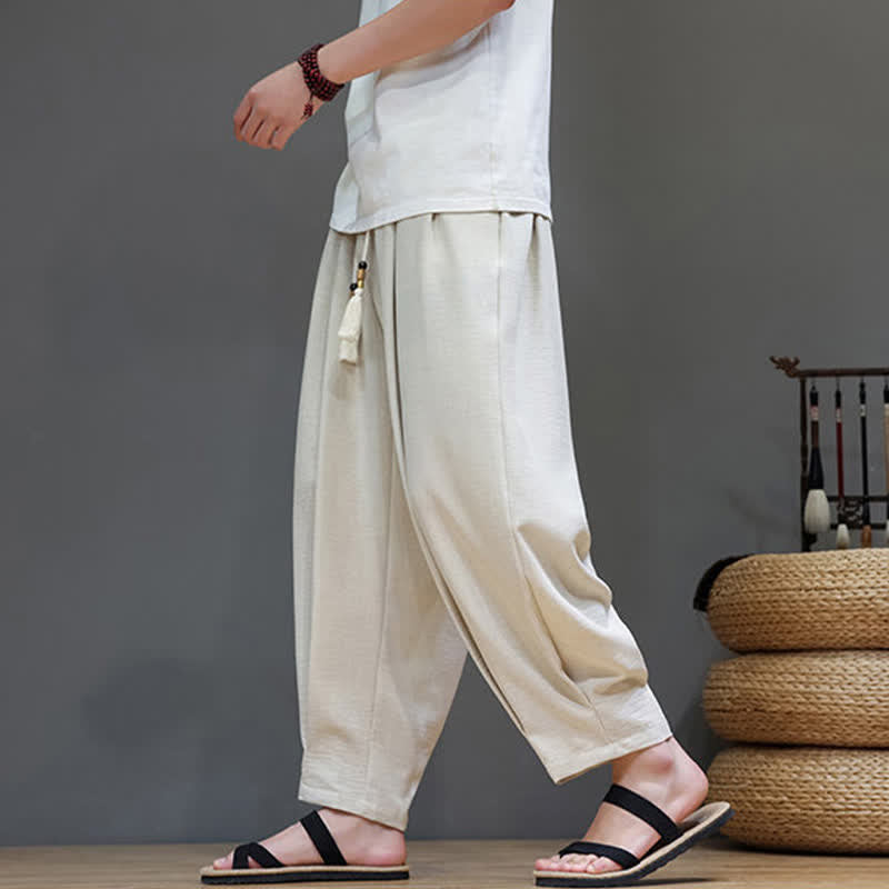 Buddha Stones Pantalon d'été minimaliste pour homme, coupe fuselée, taille élastique, poches - image 1