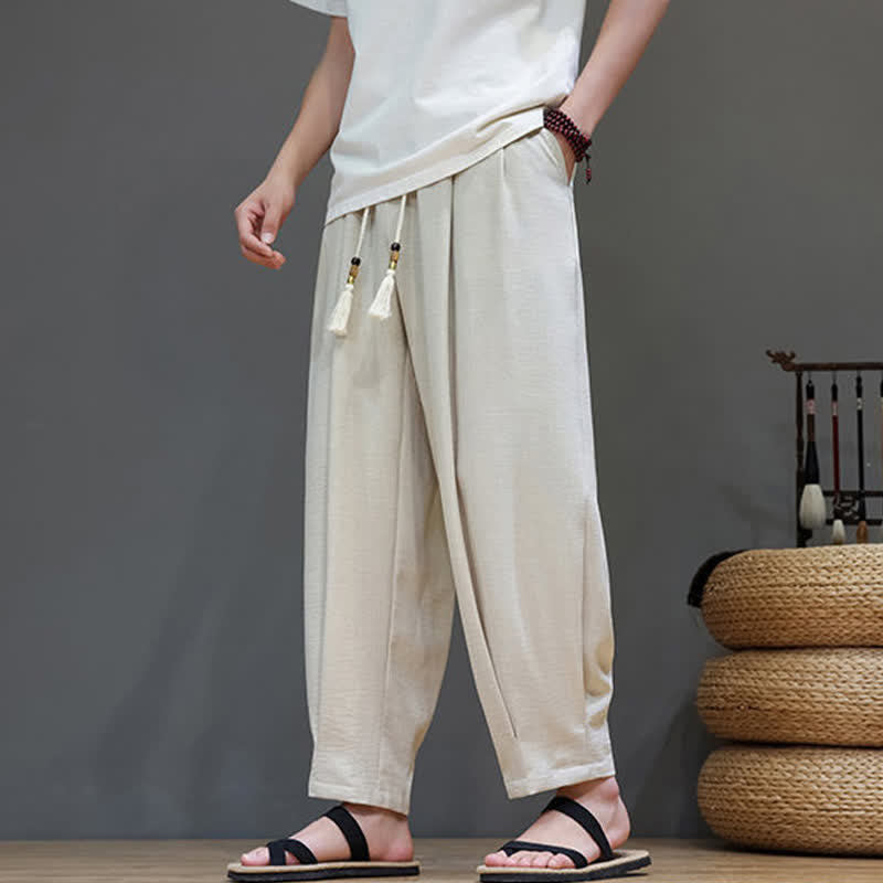 Buddha Stones Pantalon d'été minimaliste pour homme, coupe fuselée, taille élastique, poches - Beige - US/UK/AU46，EU56 (5XL) - image 0
