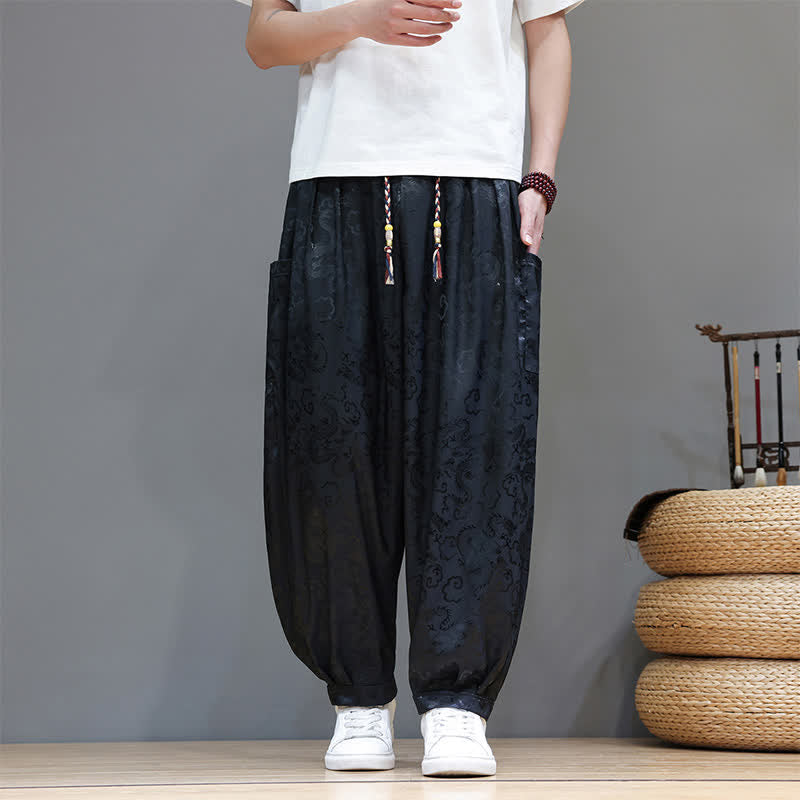 Buddha Stones Pantalon harem d'été pour homme, à taille élastique, motif nuage et cordon de serrage, avec poches - Noir - US/UK/AU46，EU56 (5XL) - image 0