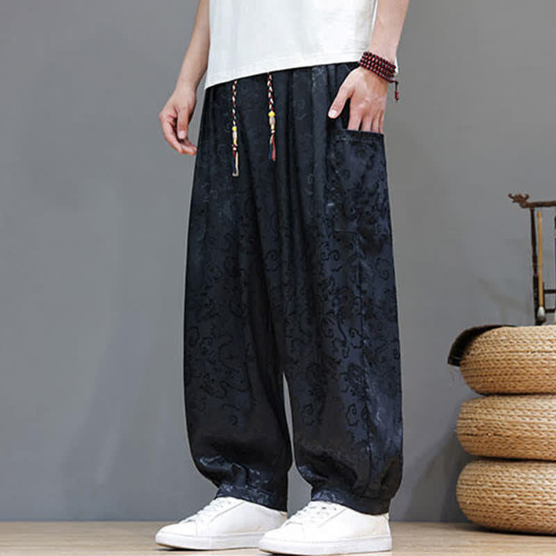 Buddha Stones Pantalon harem d'été pour homme, à taille élastique, motif nuage et cordon de serrage, avec poches - image 1