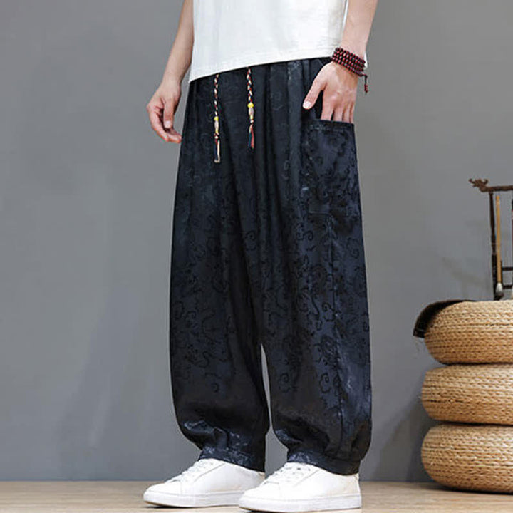 Buddha Stones Pantalon harem d'été pour homme, à taille élastique, motif nuage et cordon de serrage, avec poches - image 1