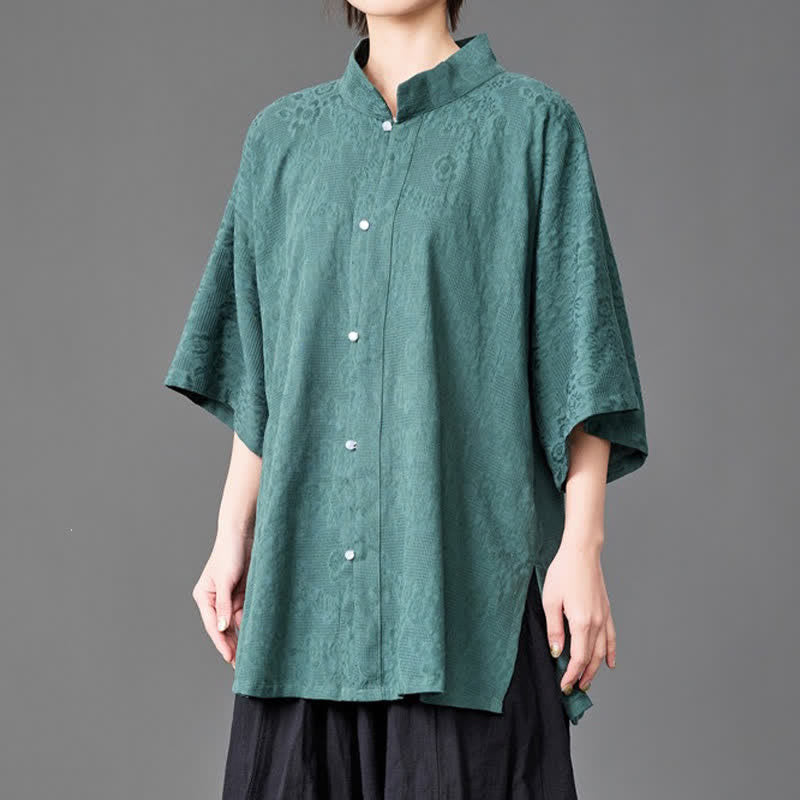 Buddha Stones Chemises d'été minimalistes pour hommes, col mandarin, manches trois-quarts, boutonnées, unies - image 10