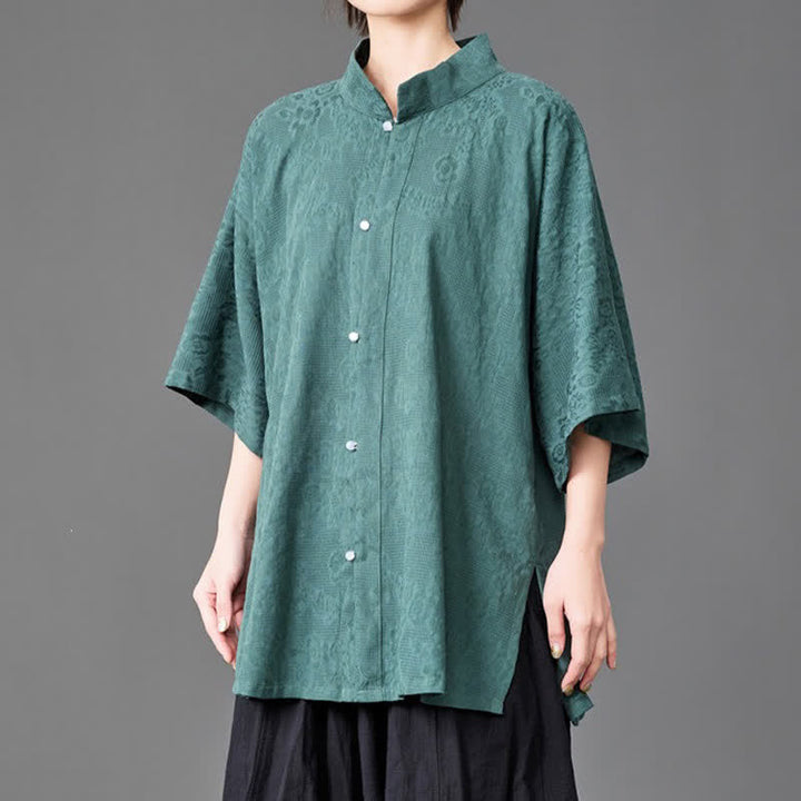 Buddha Stones Chemises d'été minimalistes pour hommes, col mandarin, manches trois-quarts, boutonnées, unies - image 10