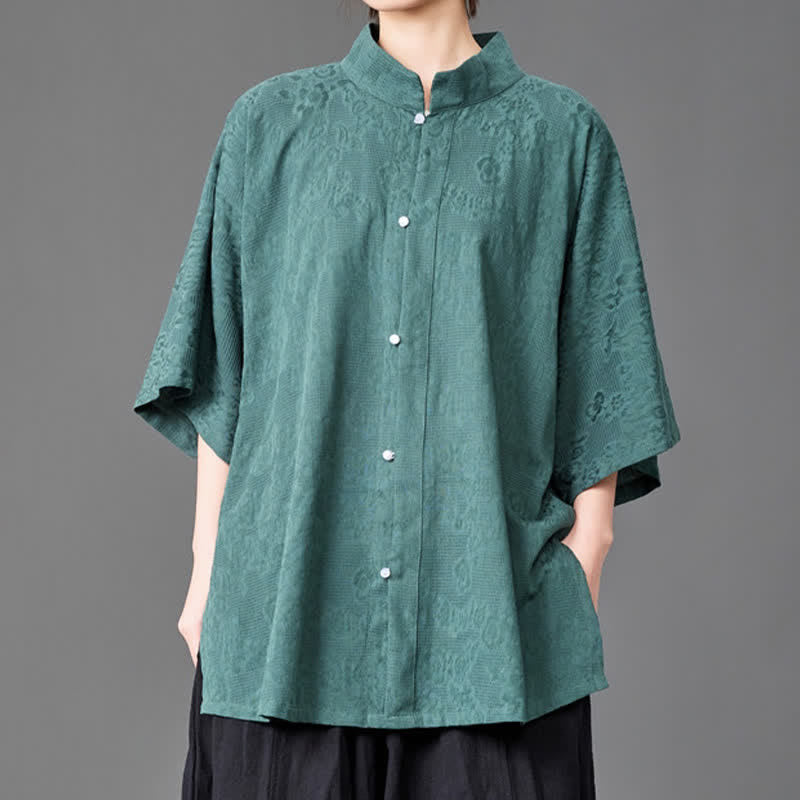 Buddha Stones Chemises d'été minimalistes pour hommes, col mandarin, manches trois-quarts, boutonnées, unies - CadetBlue - US/UK/AU46，EU56 (5XL) - image 6