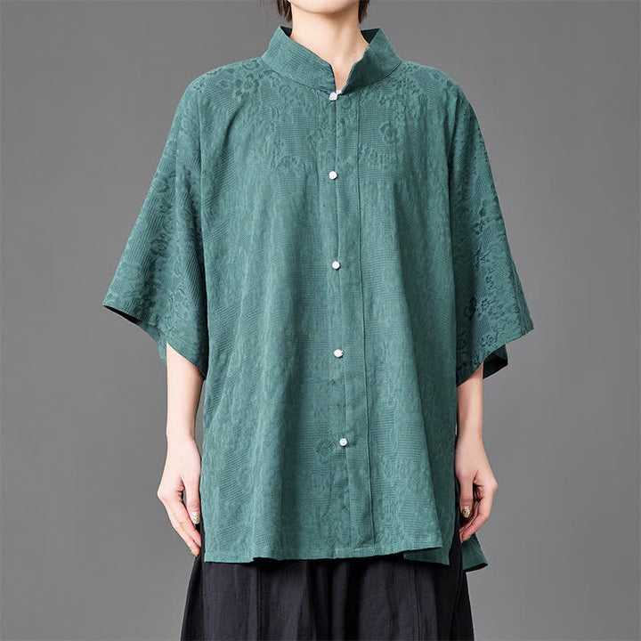 Buddha Stones Chemises d'été minimalistes pour hommes, col mandarin, manches trois-quarts, boutonnées, unies - image 9