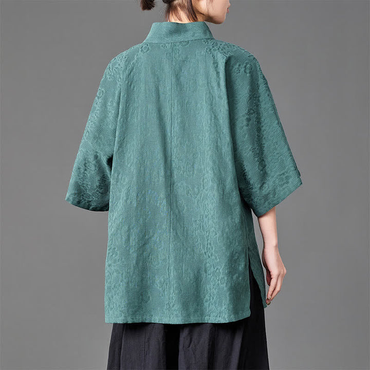 Buddha Stones Chemises d'été minimalistes pour hommes, col mandarin, manches trois-quarts, boutonnées, unies - image 7