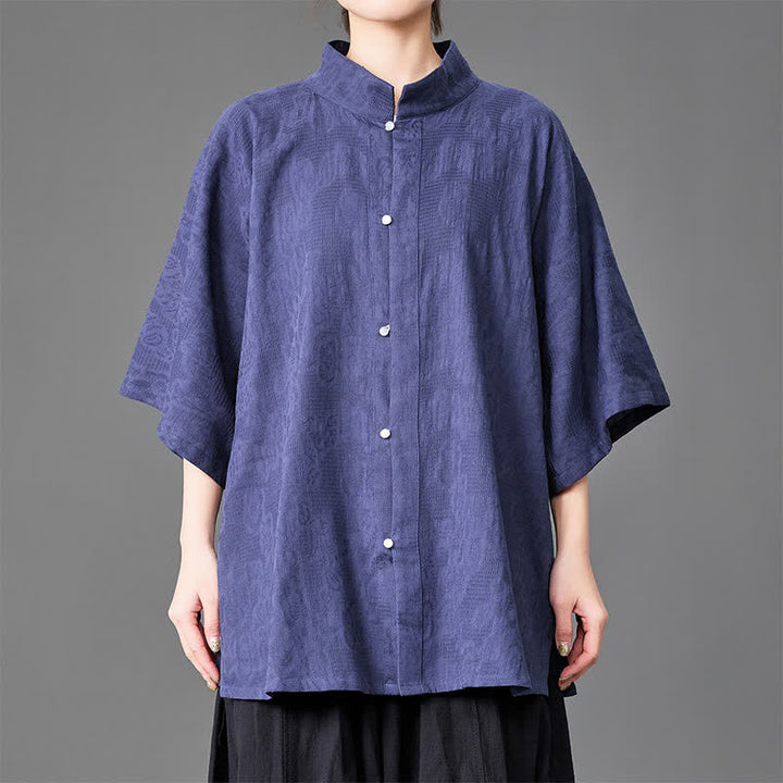 Buddha Stones Chemises d'été minimalistes pour hommes, col mandarin, manches trois-quarts, boutonnées, unies - image 2
