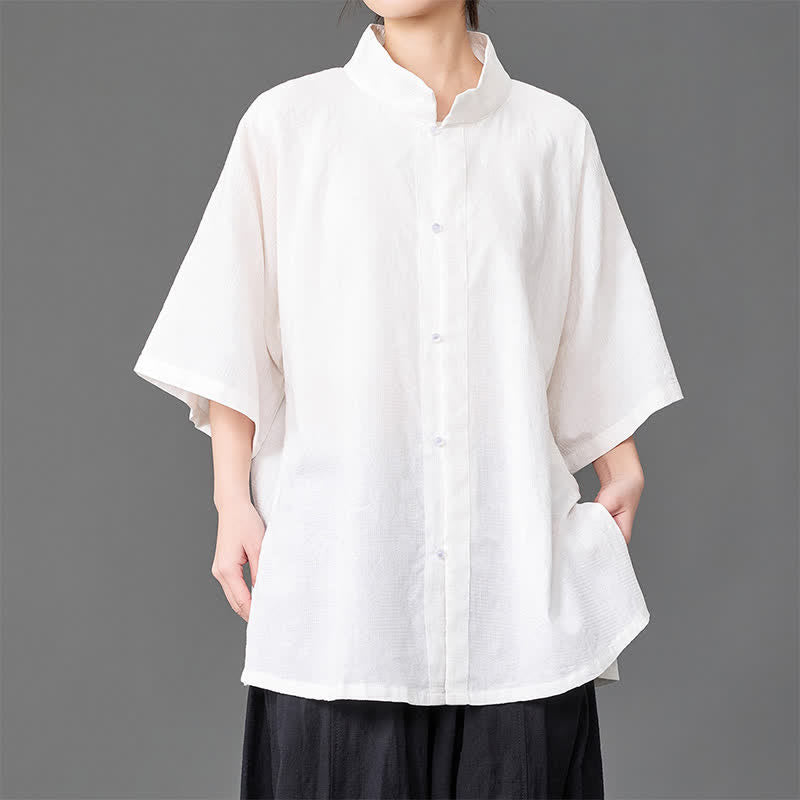 Buddha Stones Chemises d'été minimalistes pour hommes, col mandarin, manches trois-quarts, boutonnées, unies - Blanc - US/UK/AU46，EU56 (5XL) - image 11