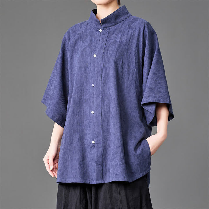 Buddha Stones Chemises d'été minimalistes pour hommes, col mandarin, manches trois-quarts, boutonnées, unies - Indigo - US/UK/AU46，EU56 (5XL) - image 0