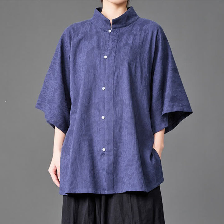 Buddha Stones Chemises d'été minimalistes pour hommes, col mandarin, manches trois-quarts, boutonnées, unies - image 3