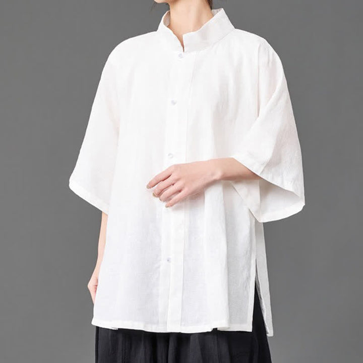 Buddha Stones Chemises d'été minimalistes pour hommes, col mandarin, manches trois-quarts, boutonnées, unies - image 16
