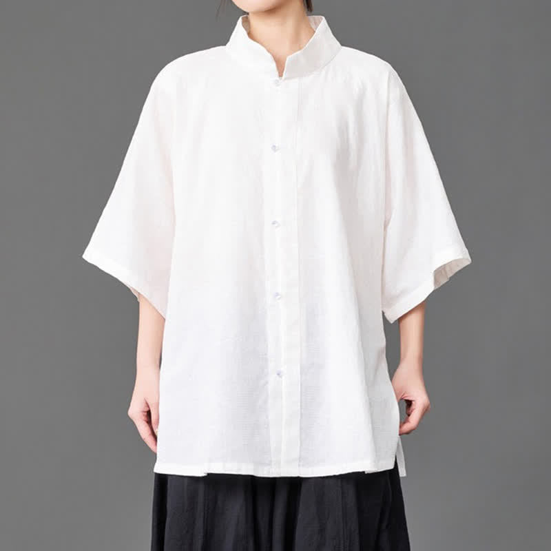 Buddha Stones Chemises d'été minimalistes pour hommes, col mandarin, manches trois-quarts, boutonnées, unies - image 13