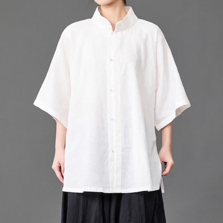 Buddha Stones Chemises d'été minimalistes pour hommes, col mandarin, manches trois-quarts, boutonnées, unies - image 13