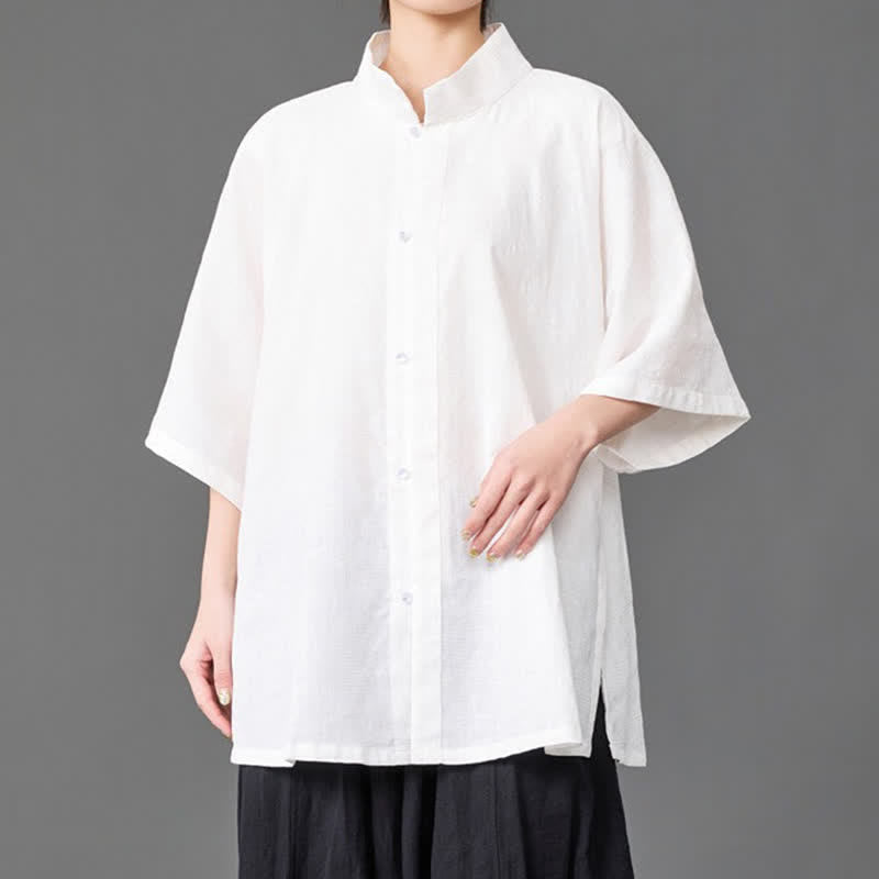 Buddha Stones Chemises d'été minimalistes pour hommes, col mandarin, manches trois-quarts, boutonnées, unies - image 14